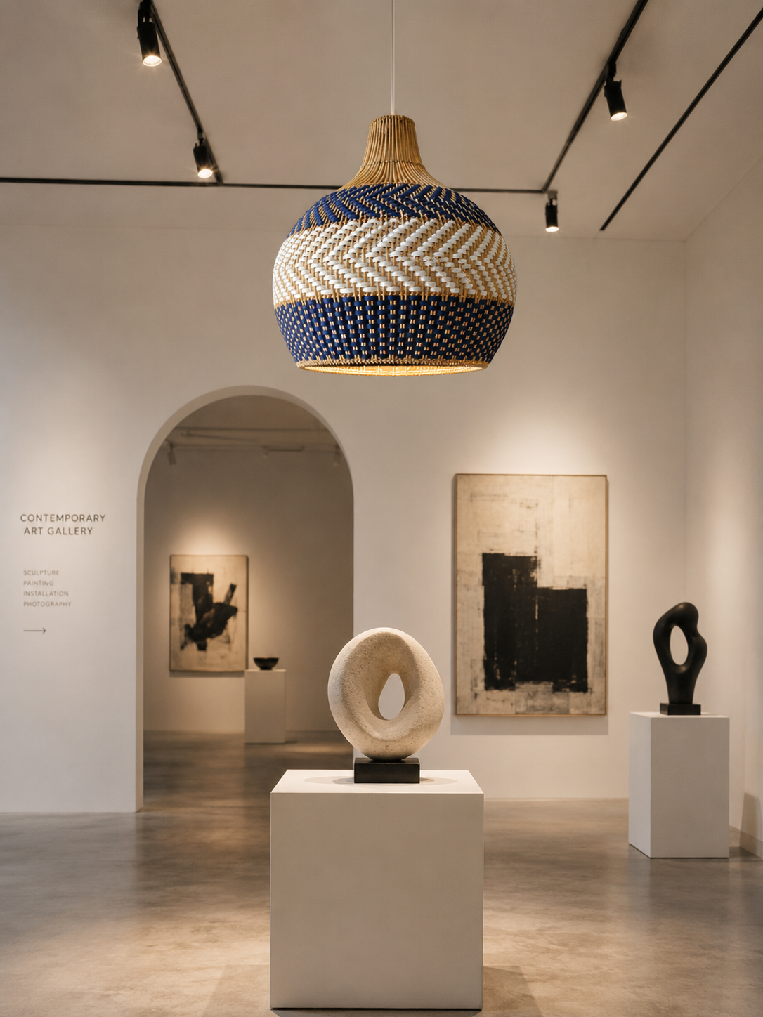 Blue & White Handwoven Rattan Pendant Light – Coastal Organic Hanging Lamp for Hospitality and Interior Projects