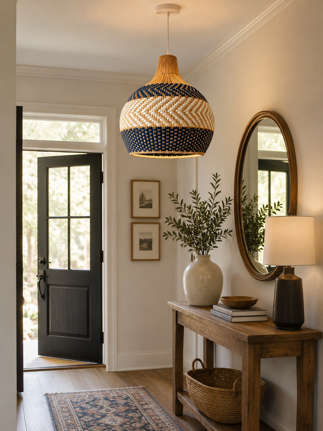 Blue & White Handwoven Rattan Pendant Light – Coastal Organic Hanging Lamp for Hospitality and Interior Projects