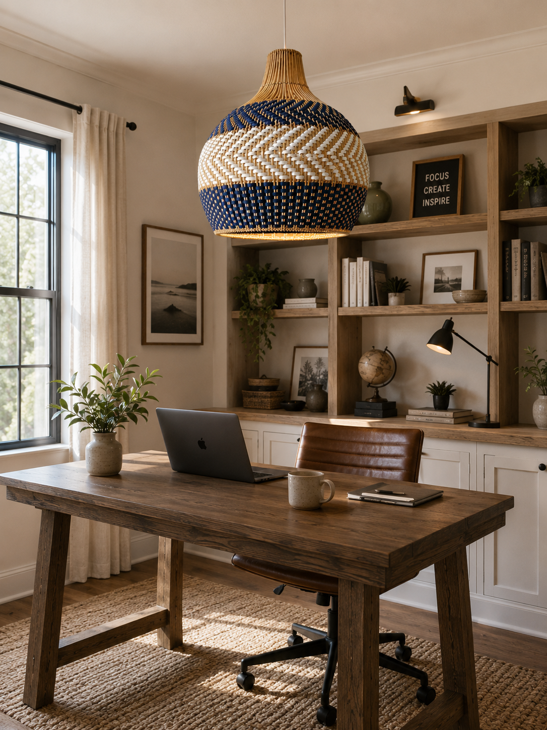 Blue & White Handwoven Rattan Pendant Light – Coastal Organic Hanging Lamp for Hospitality and Interior Projects