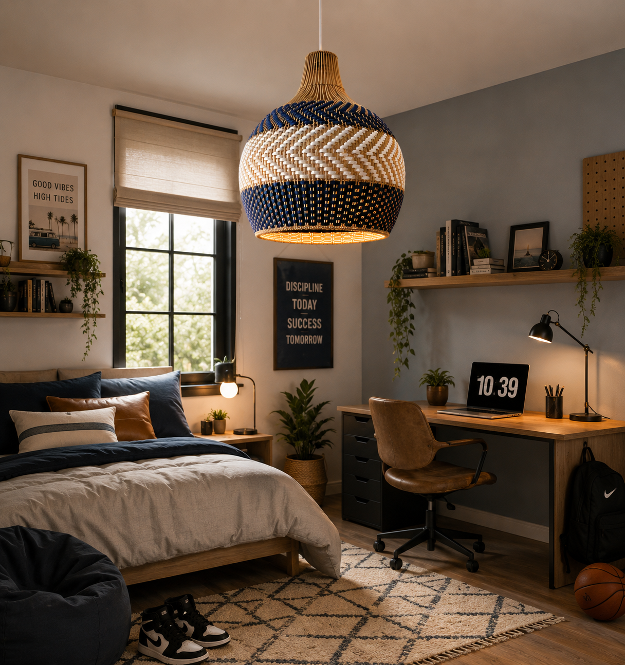 Blue & White Handwoven Rattan Pendant Light – Coastal Organic Hanging Lamp for Hospitality and Interior Projects