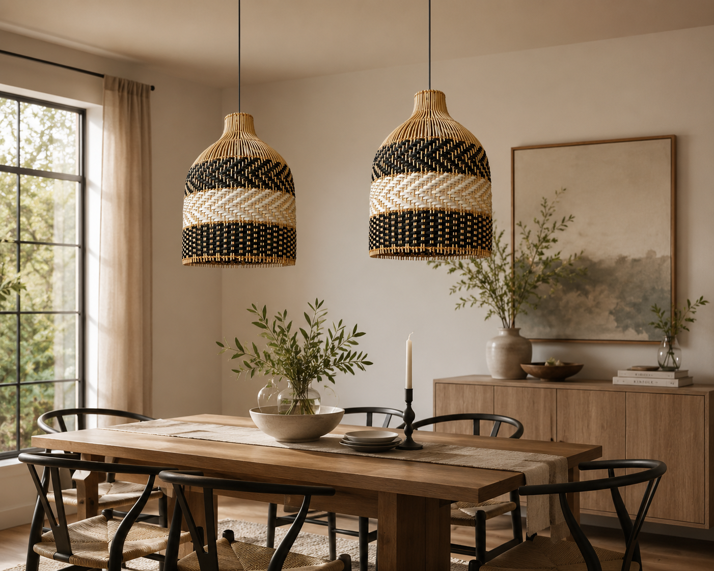Black & Natural Handwoven Rattan Pendant Light – Modern Boho Hanging Lamp for Hospitality & Interior Projects
