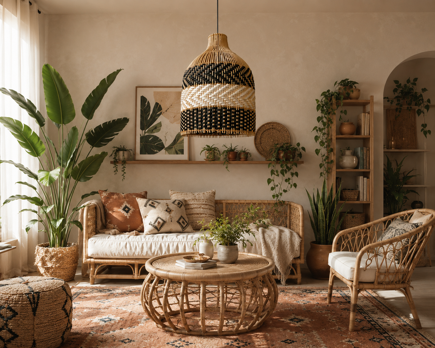 Black & Natural Handwoven Rattan Pendant Light – Modern Boho Hanging Lamp for Hospitality & Interior Projects