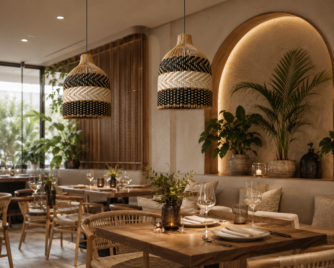 Black & Natural Handwoven Rattan Pendant Light – Modern Boho Hanging Lamp for Hospitality & Interior Projects
