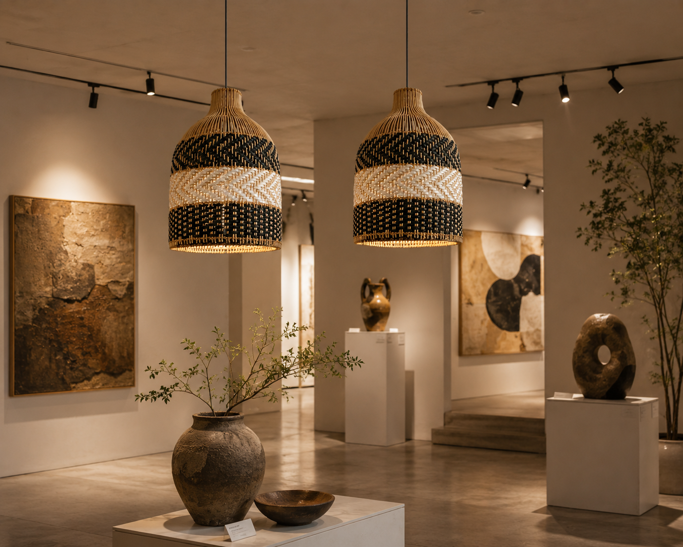 Black & Natural Handwoven Rattan Pendant Light – Modern Boho Hanging Lamp for Hospitality & Interior Projects