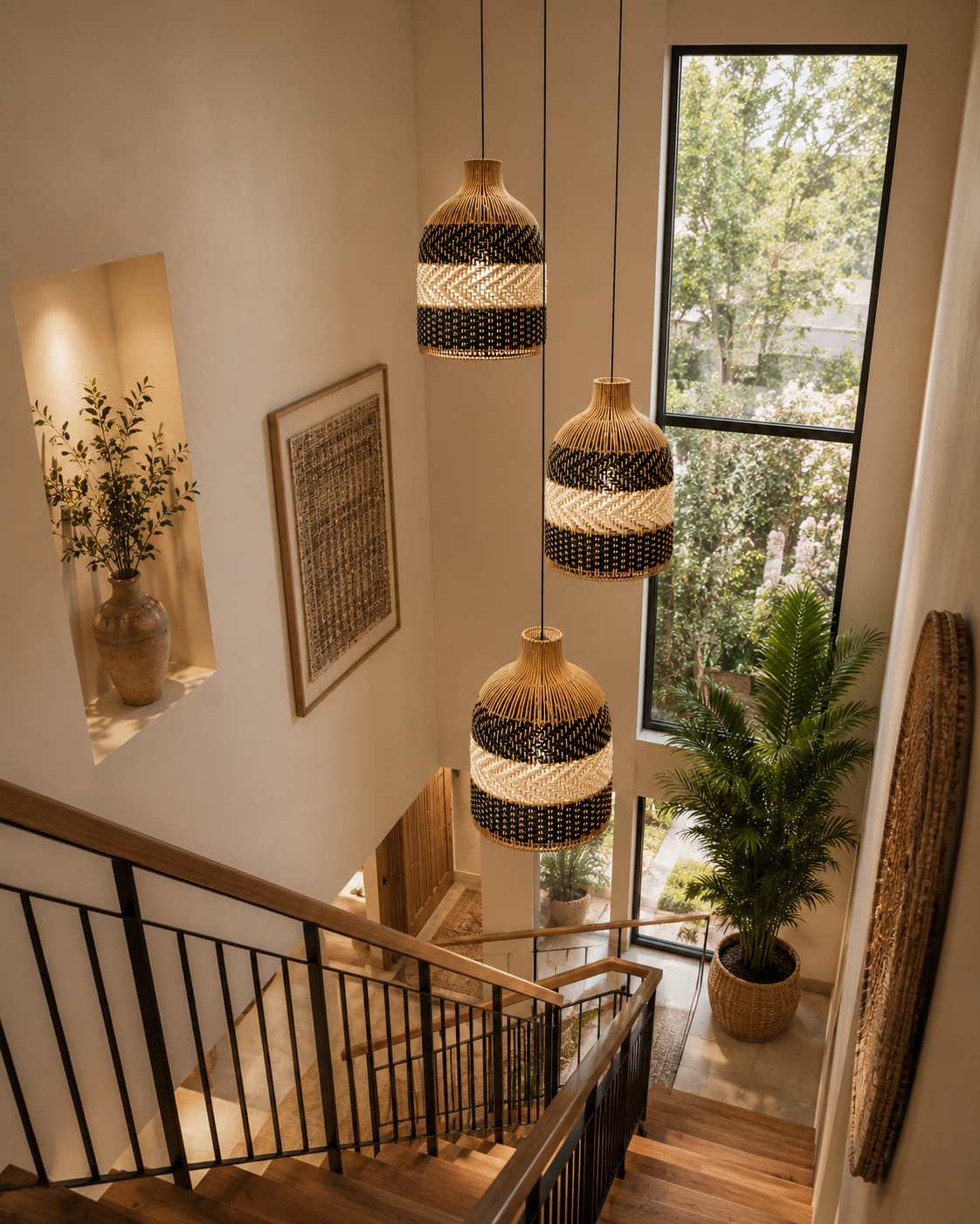 Black & Natural Handwoven Rattan Pendant Light – Modern Boho Hanging Lamp for Hospitality & Interior Projects