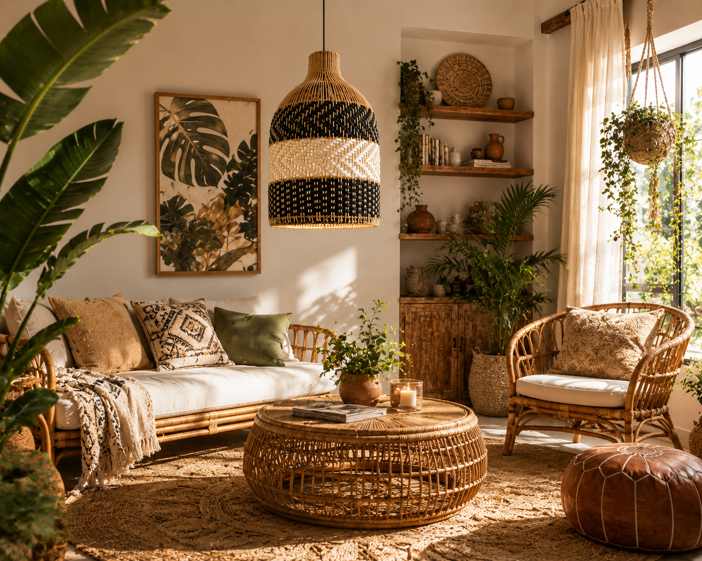 Black & Natural Handwoven Rattan Pendant Light – Modern Boho Hanging Lamp for Hospitality & Interior Projects