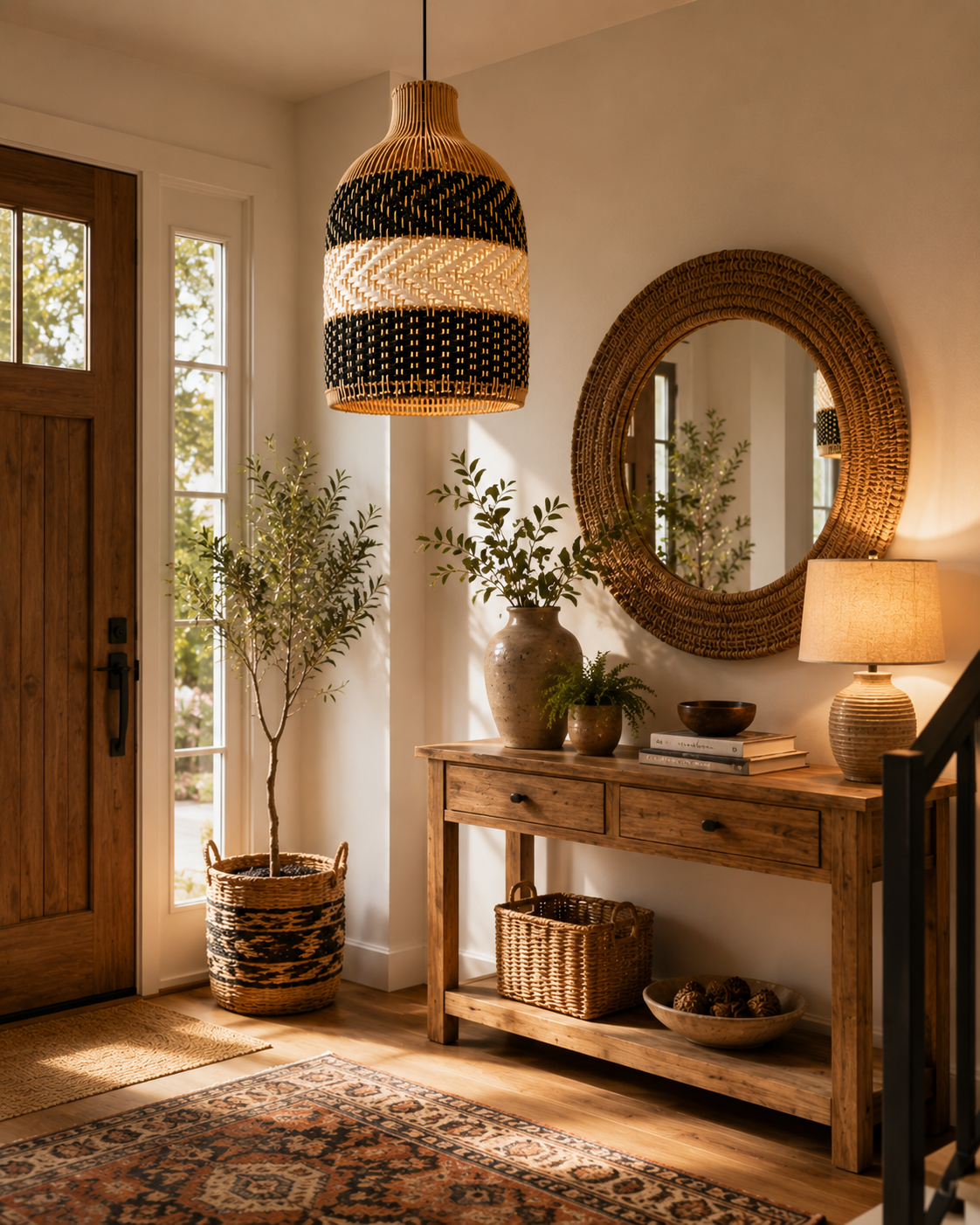 Black & Natural Handwoven Rattan Pendant Light – Modern Boho Hanging Lamp for Hospitality & Interior Projects
