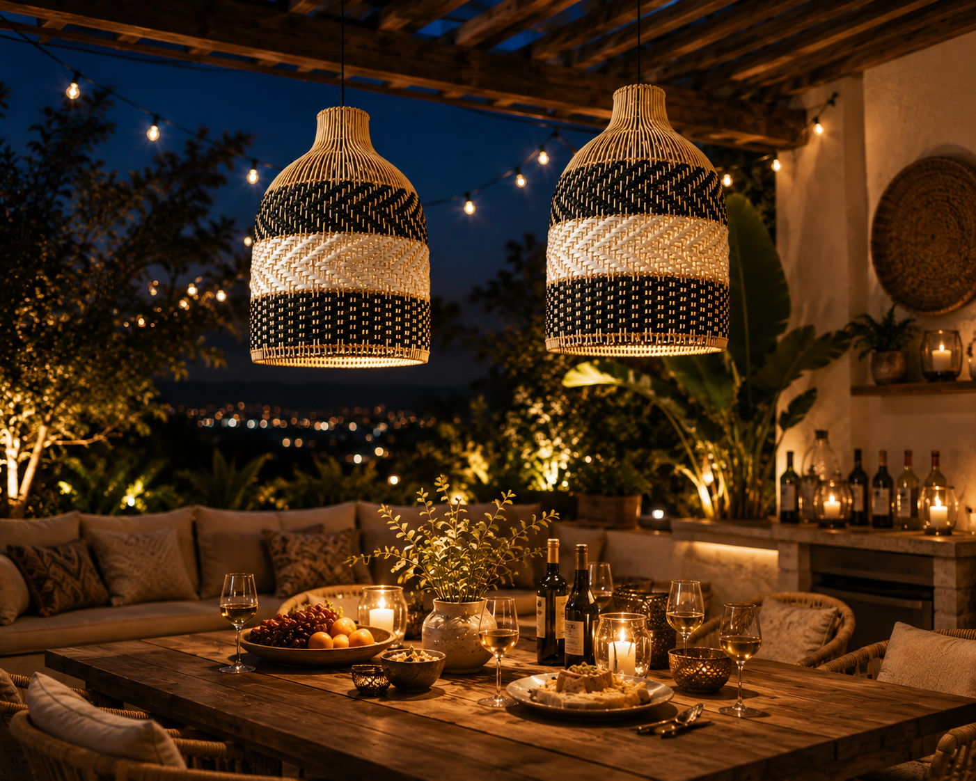 Black & Natural Handwoven Rattan Pendant Light – Modern Boho Hanging Lamp for Hospitality & Interior Projects