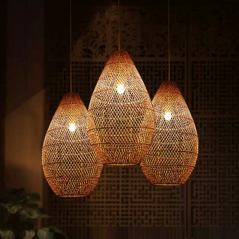 Handwoven Teardrop Rattan Pendant Light Natural Wicker Hanging Lamp for Hotel Resort Restaurant Projects