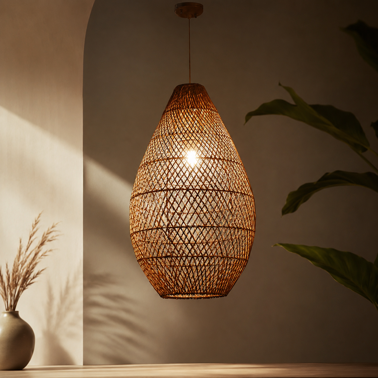 Handwoven Rattan Teardrop Pendant Light – Wabi-Sabi Natural Fiber Commercial Decorative Lighting