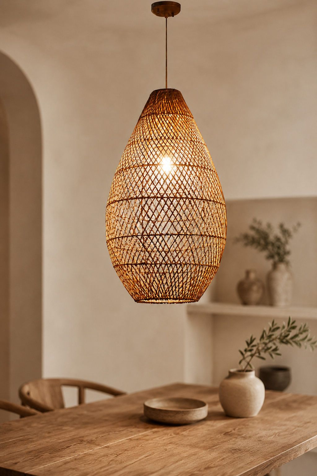 Handwoven Teardrop Rattan Pendant Light Natural Wicker Hanging Lamp for Hotel Resort Restaurant Projects