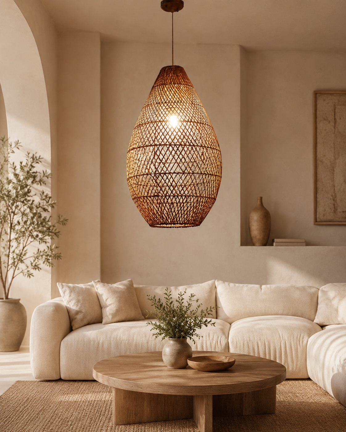 Handwoven Rattan Teardrop Pendant Light – Wabi-Sabi Natural Fiber Commercial Decorative Lighting