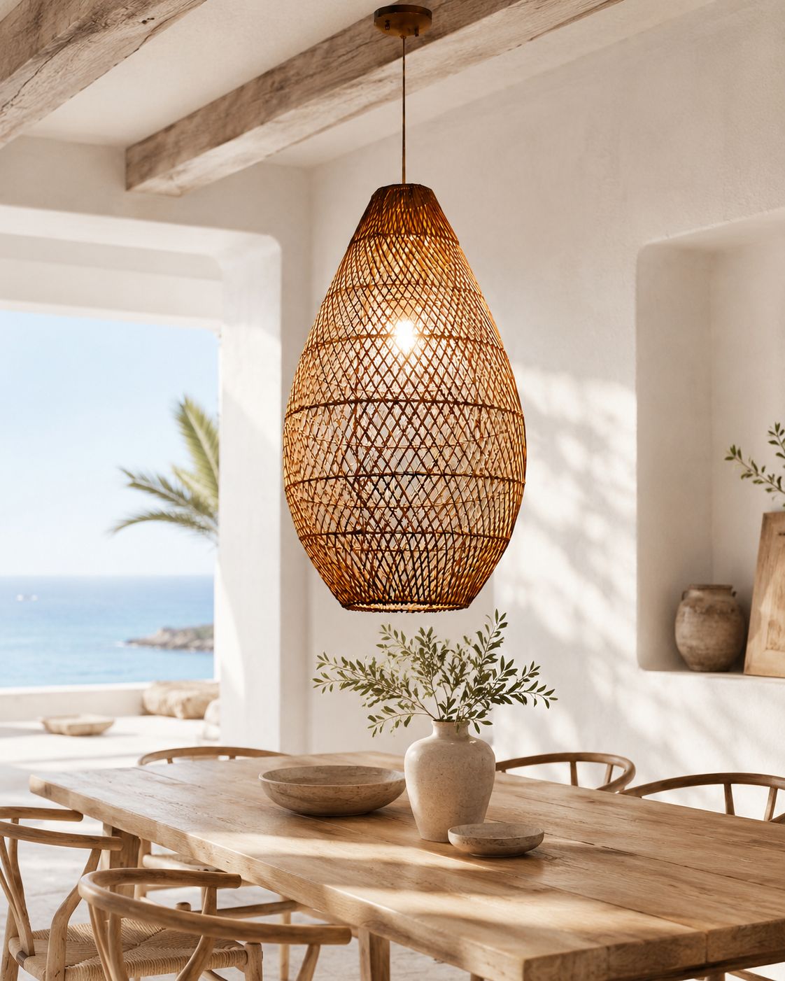 Handwoven Teardrop Rattan Pendant Light Natural Wicker Hanging Lamp for Hotel Resort Restaurant Projects