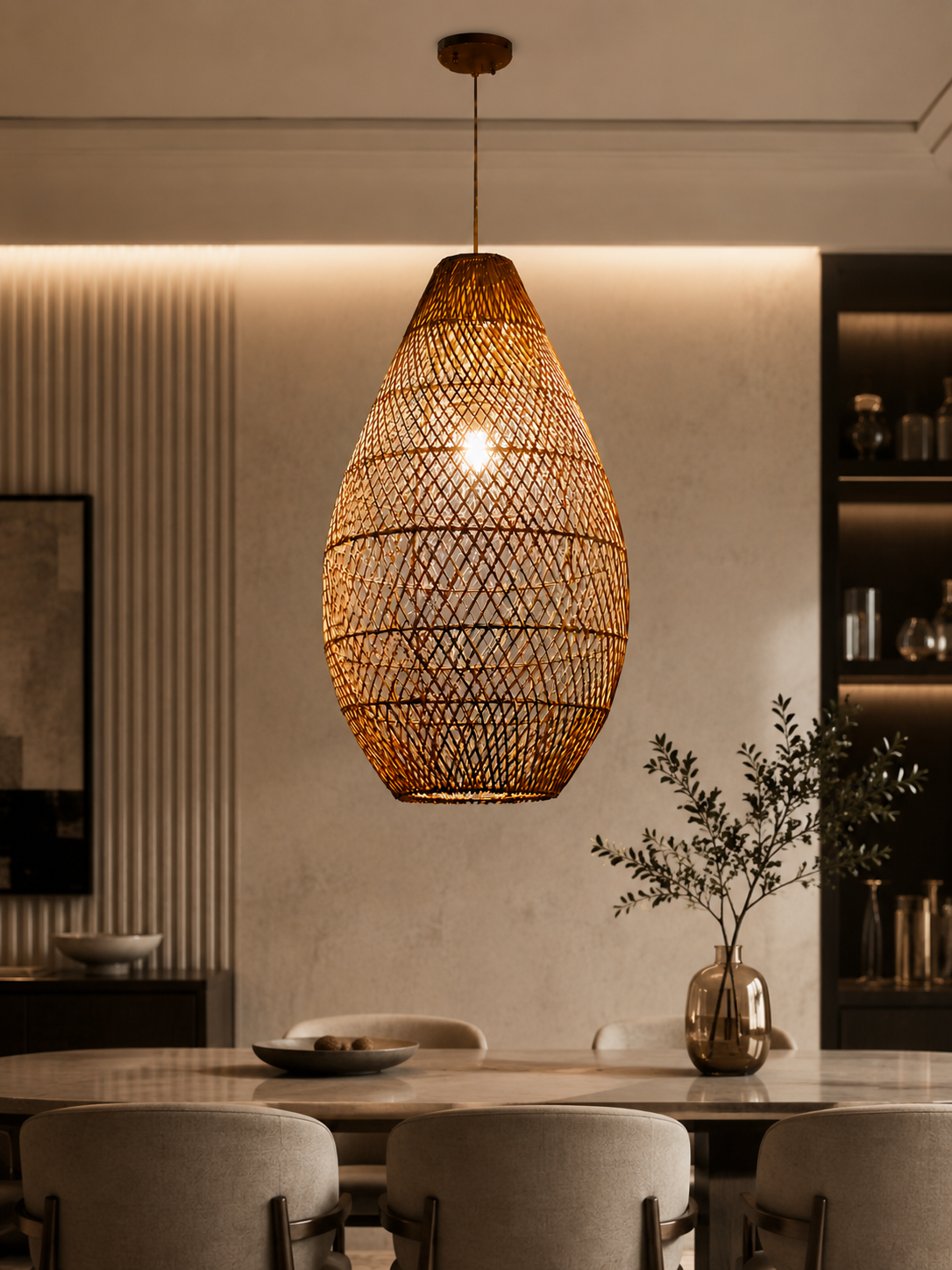 Handwoven Teardrop Rattan Pendant Light Natural Wicker Hanging Lamp for Hotel Resort Restaurant Projects