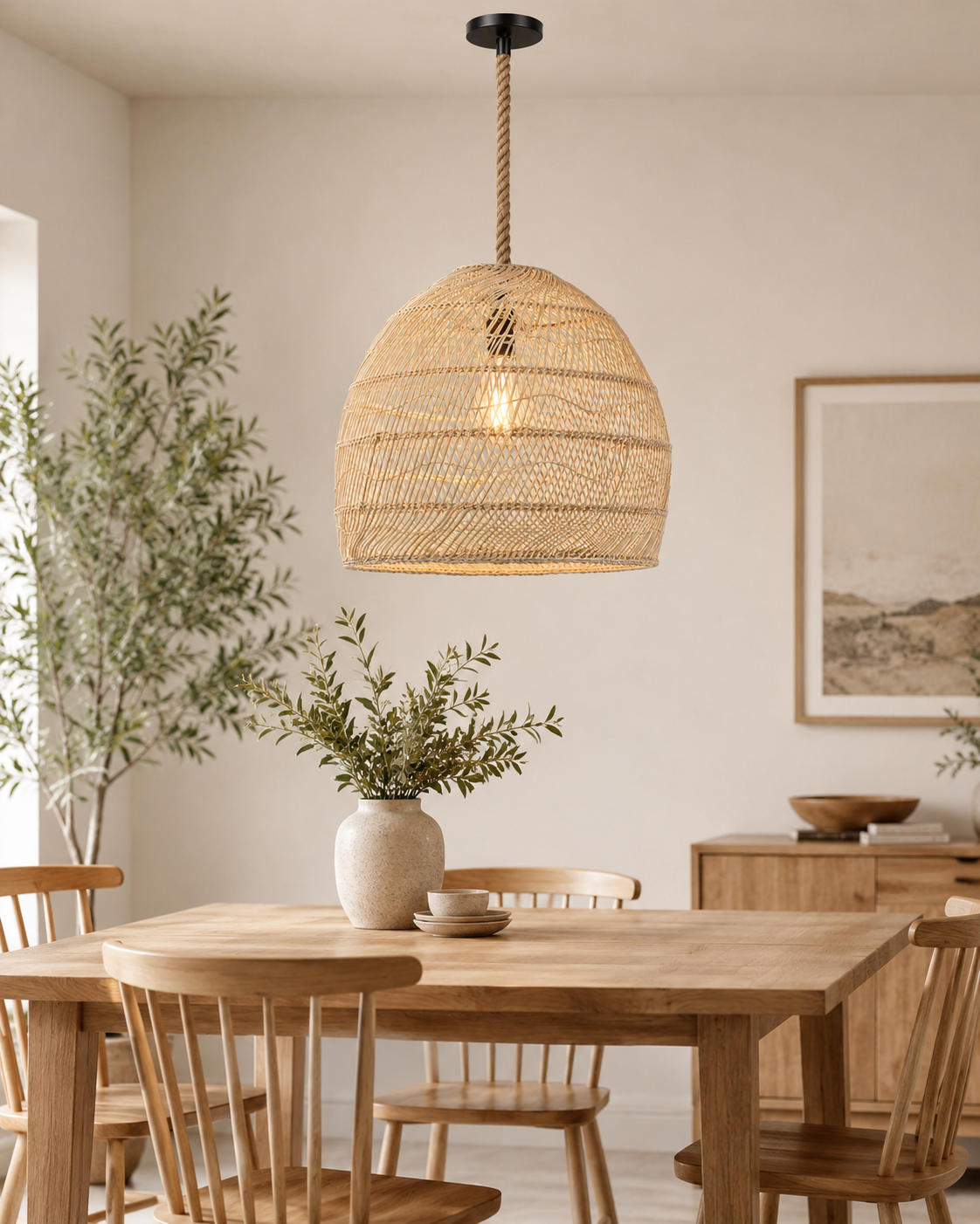 How to Decorate a Japandi Living Room with Woven Pendant Lighting