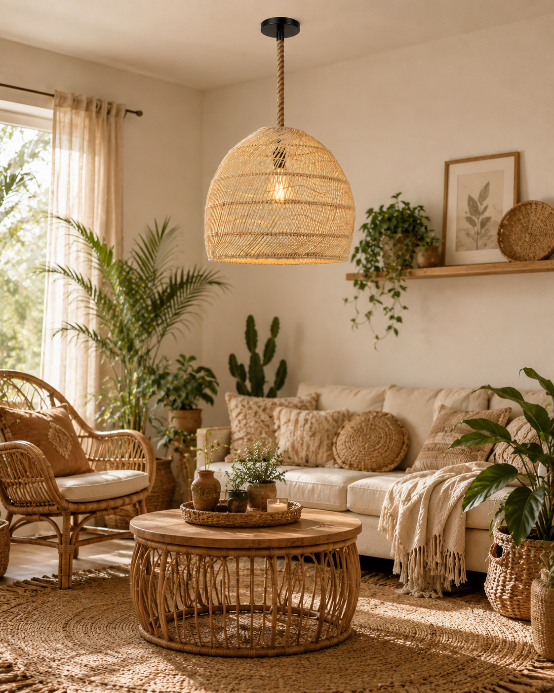 Handwoven Dome Rattan Pendant Light with Rope Suspension for Hospitality, Resort & Commercial Interior Projects
