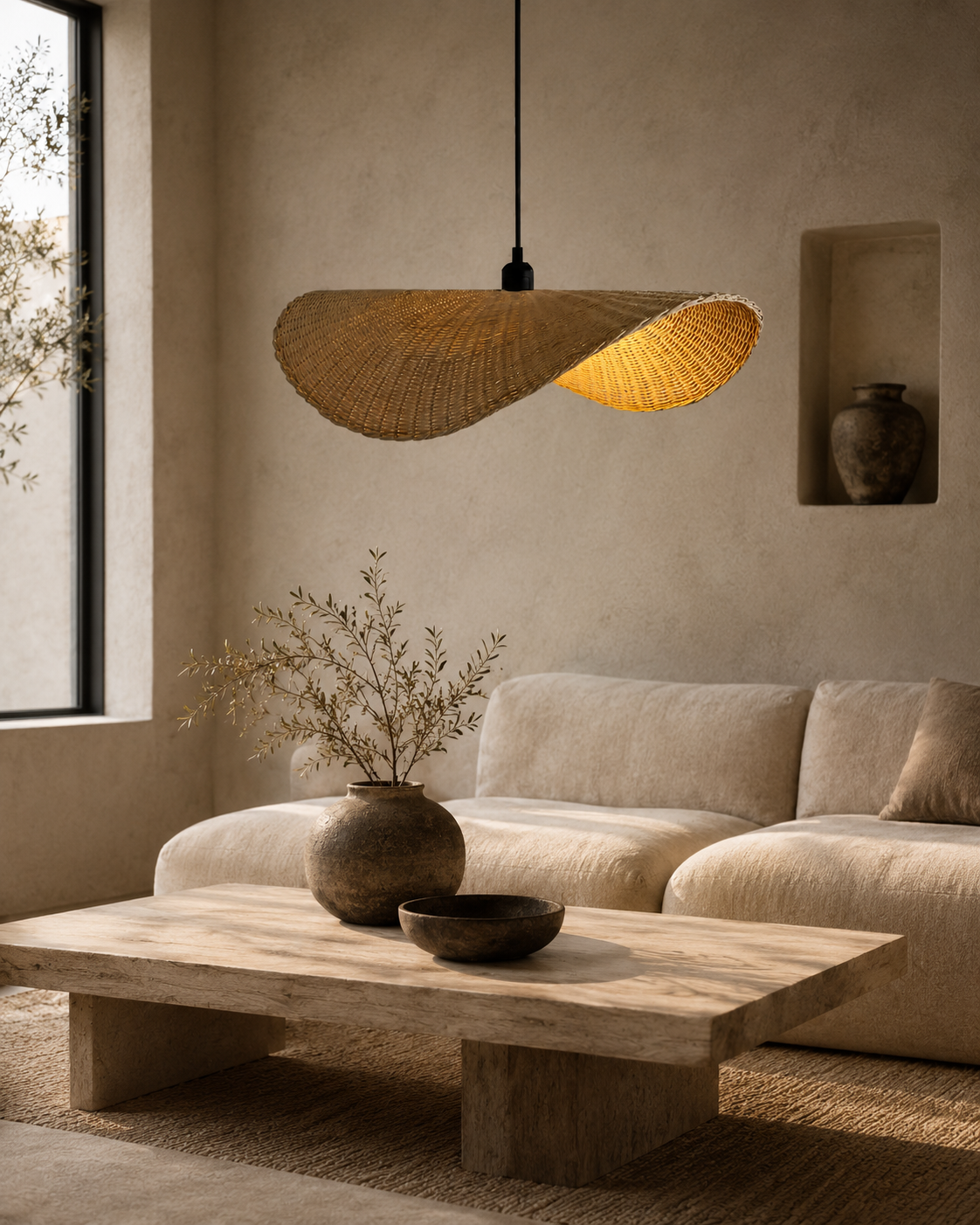 Contemporary Handwoven Rattan Wave Pendant Light for Hospitality, Restaurant & Interior Design Projects