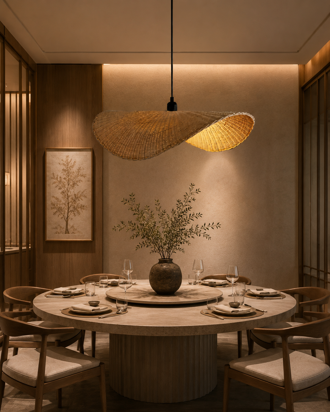 Contemporary Handwoven Rattan Wave Pendant Light for Hospitality, Restaurant & Interior Design Projects