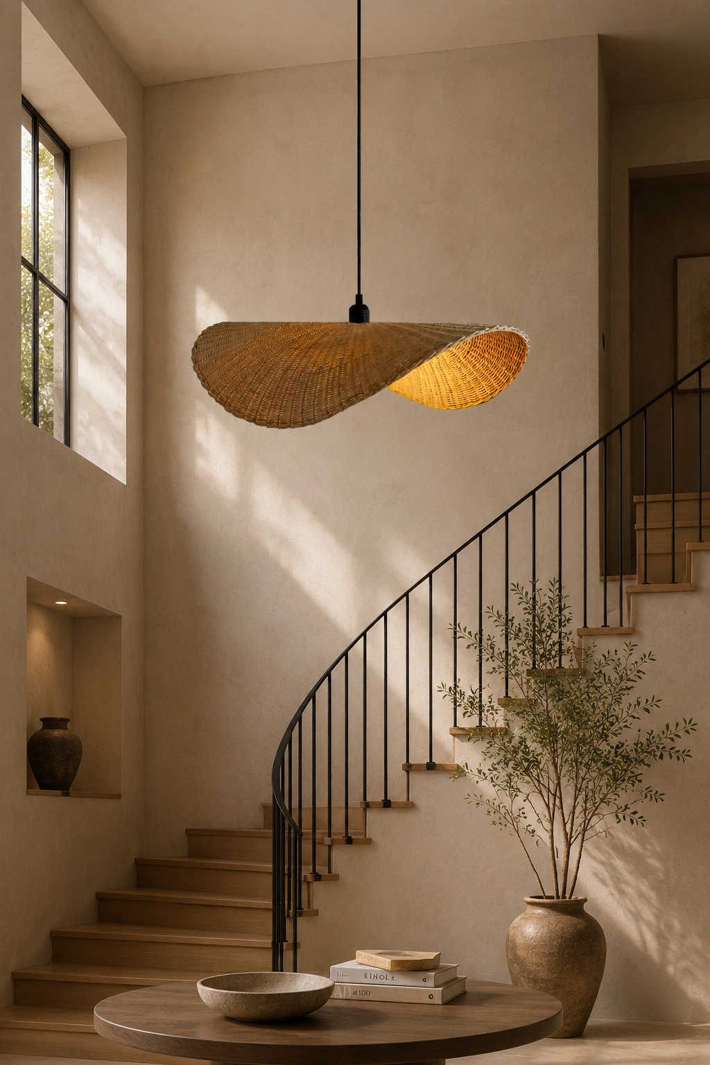 Contemporary Handwoven Rattan Wave Pendant Light for Hospitality, Restaurant & Interior Design Projects