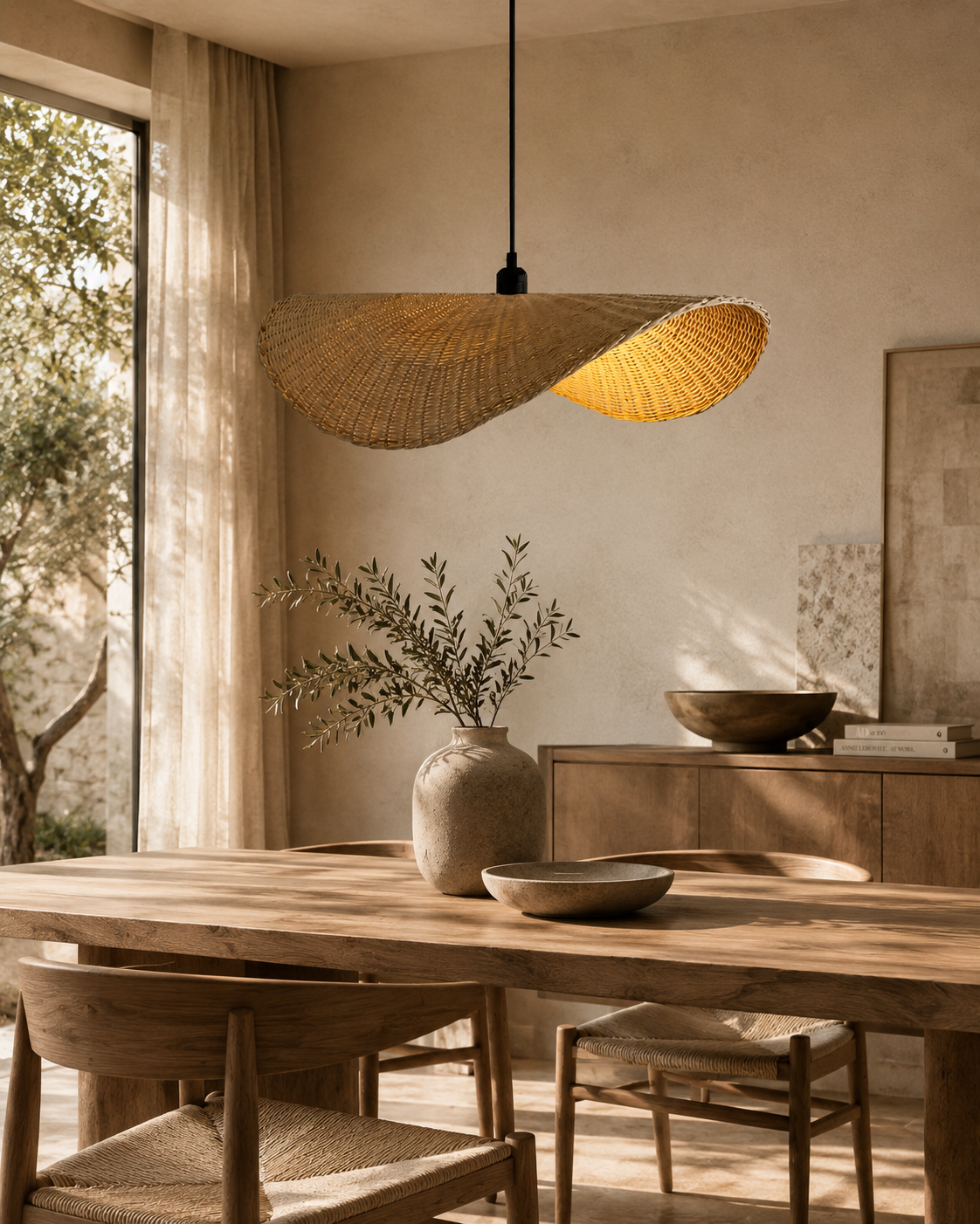Contemporary Handwoven Rattan Wave Pendant Light for Hospitality, Restaurant & Interior Design Projects