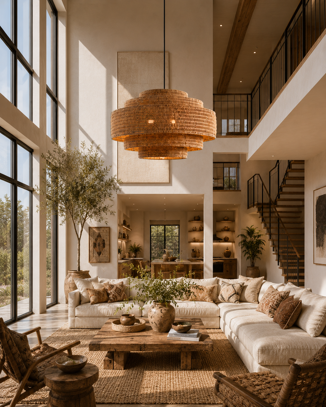 Handwoven Natural Rattan Layered Pendant Light 60cm | Organic Modern Wabi-Sabi Hanging Lamp