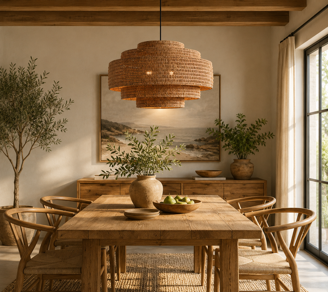 Handwoven Natural Rattan Layered Pendant Light 60cm | Organic Modern Wabi-Sabi Hanging Lamp