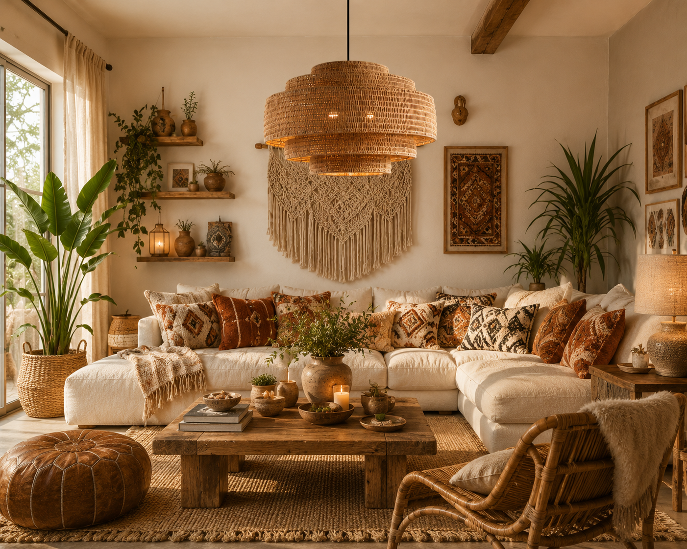 Handwoven Natural Rattan Layered Pendant Light 60cm | Organic Modern Wabi-Sabi Hanging Lamp