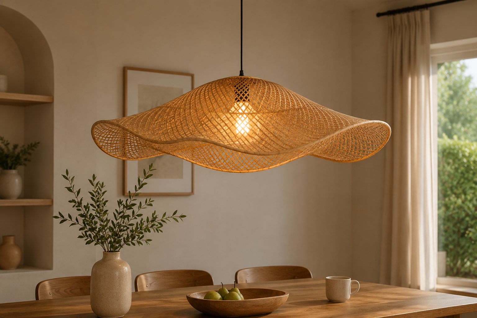 Modern Wave Handwoven Rattan Pendant Light for Dining Room Living Room Boho Decor