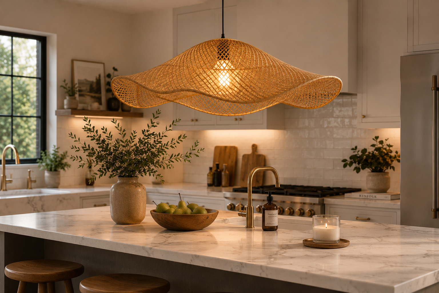 Modern Wave Handwoven Rattan Pendant Light for Dining Room Living Room Boho Decor