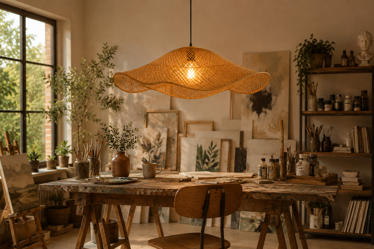 Modern Wave Handwoven Rattan Pendant Light for Dining Room Living Room Boho Decor