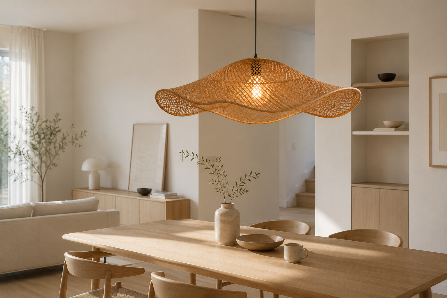 Modern Wave Handwoven Rattan Pendant Light for Dining Room Living Room Boho Decor