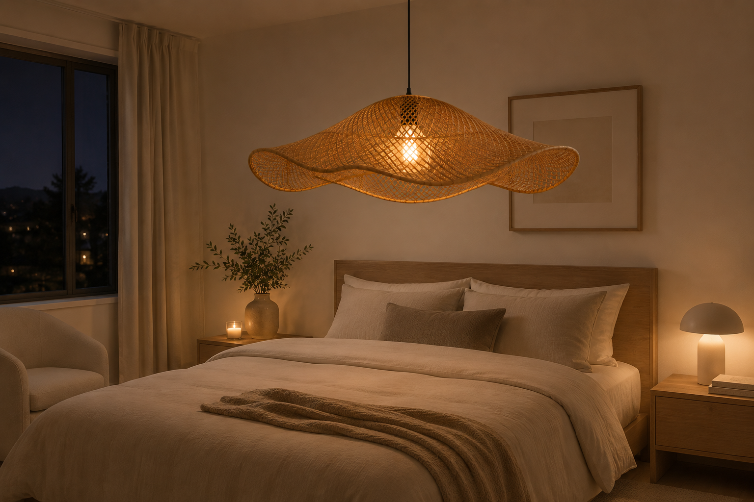 Modern Wave Handwoven Rattan Pendant Light for Dining Room Living Room Boho Decor