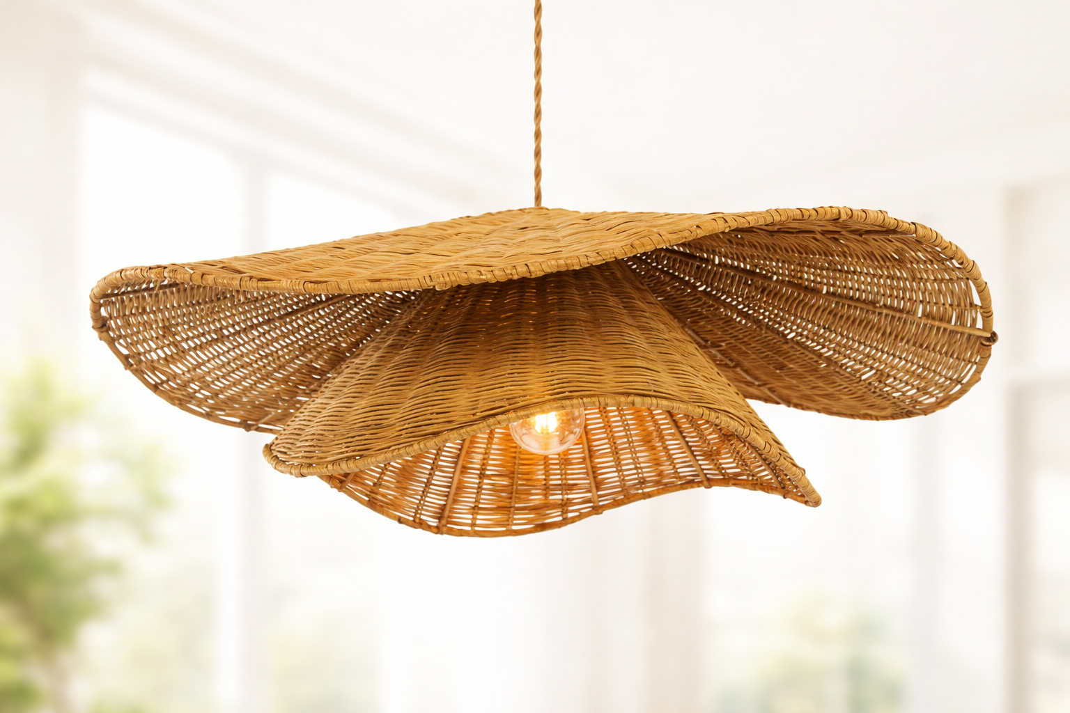 Creative Layered Rattan Pendant Light Artistic Wave Shape Hanging Lamp