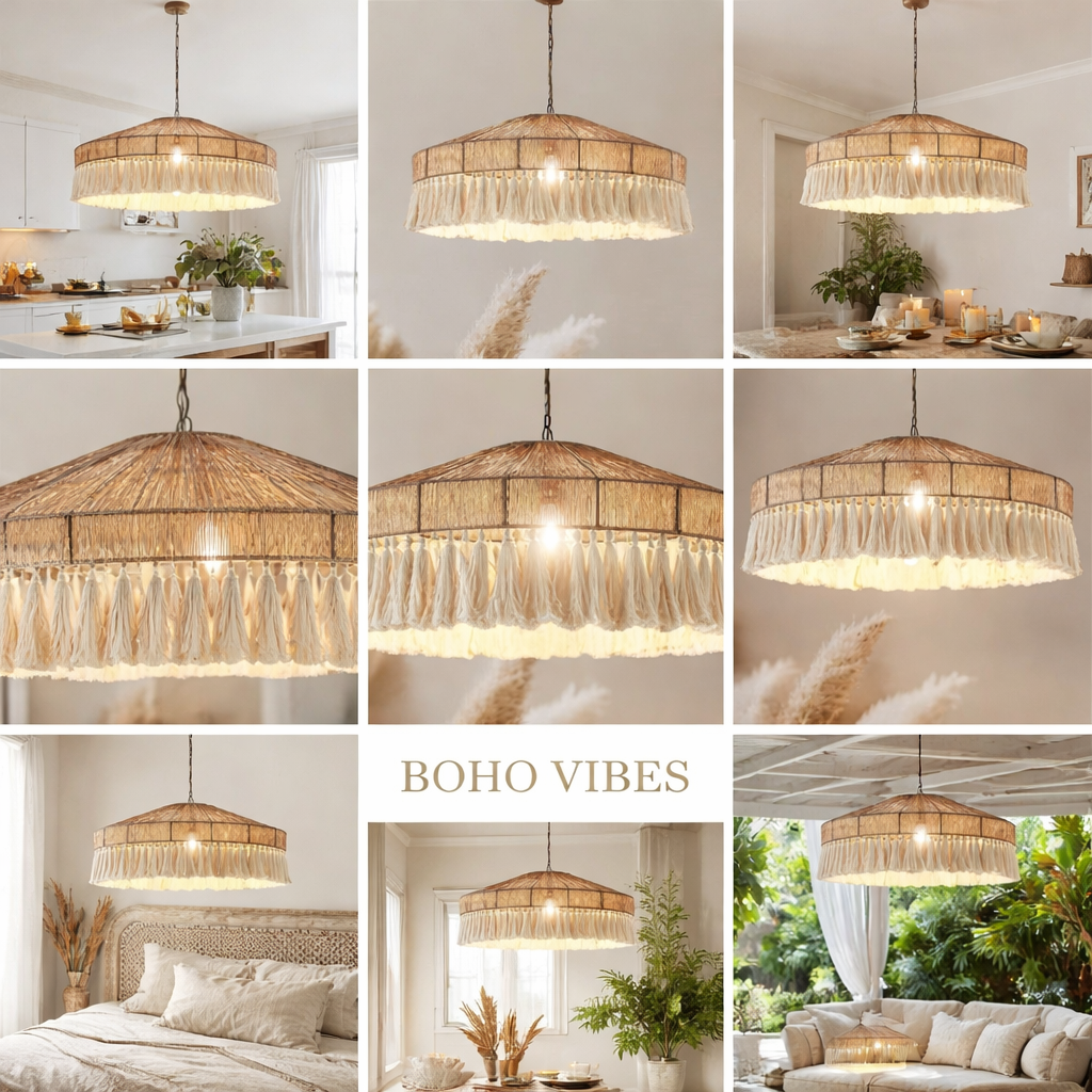 Bohemian Handmade Woven Jute Rope Pendant Light Fringe Chandelier