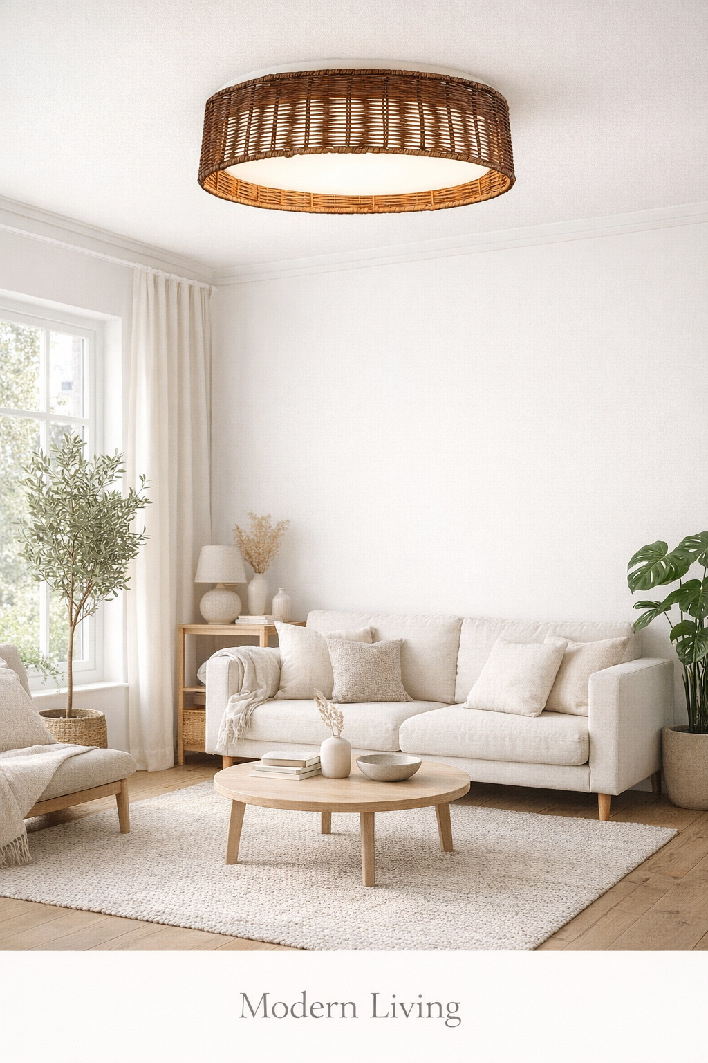Natural Rattan Flush Mount Ceiling Light Round Woven LED Ceiling Lamp Rustic Style