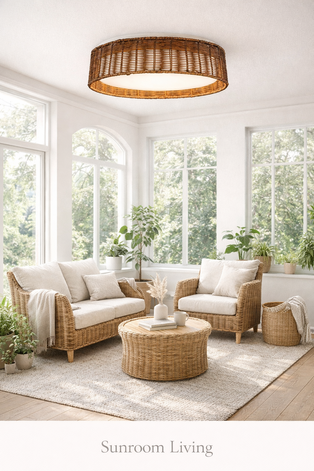 Natural Rattan Flush Mount Ceiling Light Round Woven LED Ceiling Lamp Rustic Style