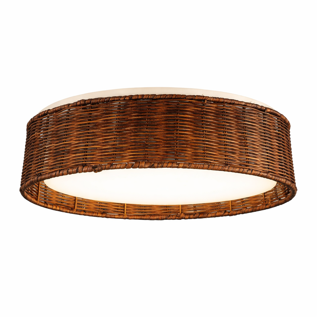 Natural Rattan Flush Mount Ceiling Light Round Woven LED Ceiling Lamp Rustic Style