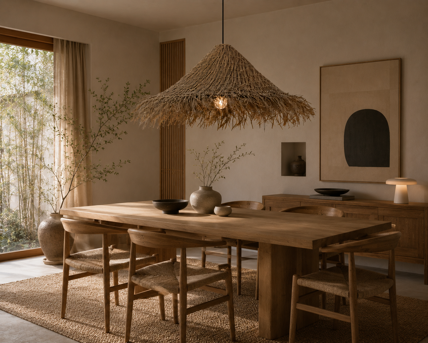 Wabi-Sabi Handwoven Rattan Pendant Lamp Rustic Boho Ceiling Light 50CM