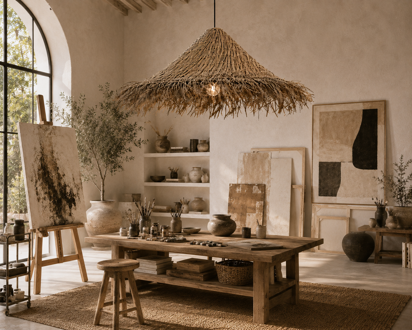 Wabi-Sabi Handwoven Rattan Pendant Lamp Rustic Boho Ceiling Light 50CM