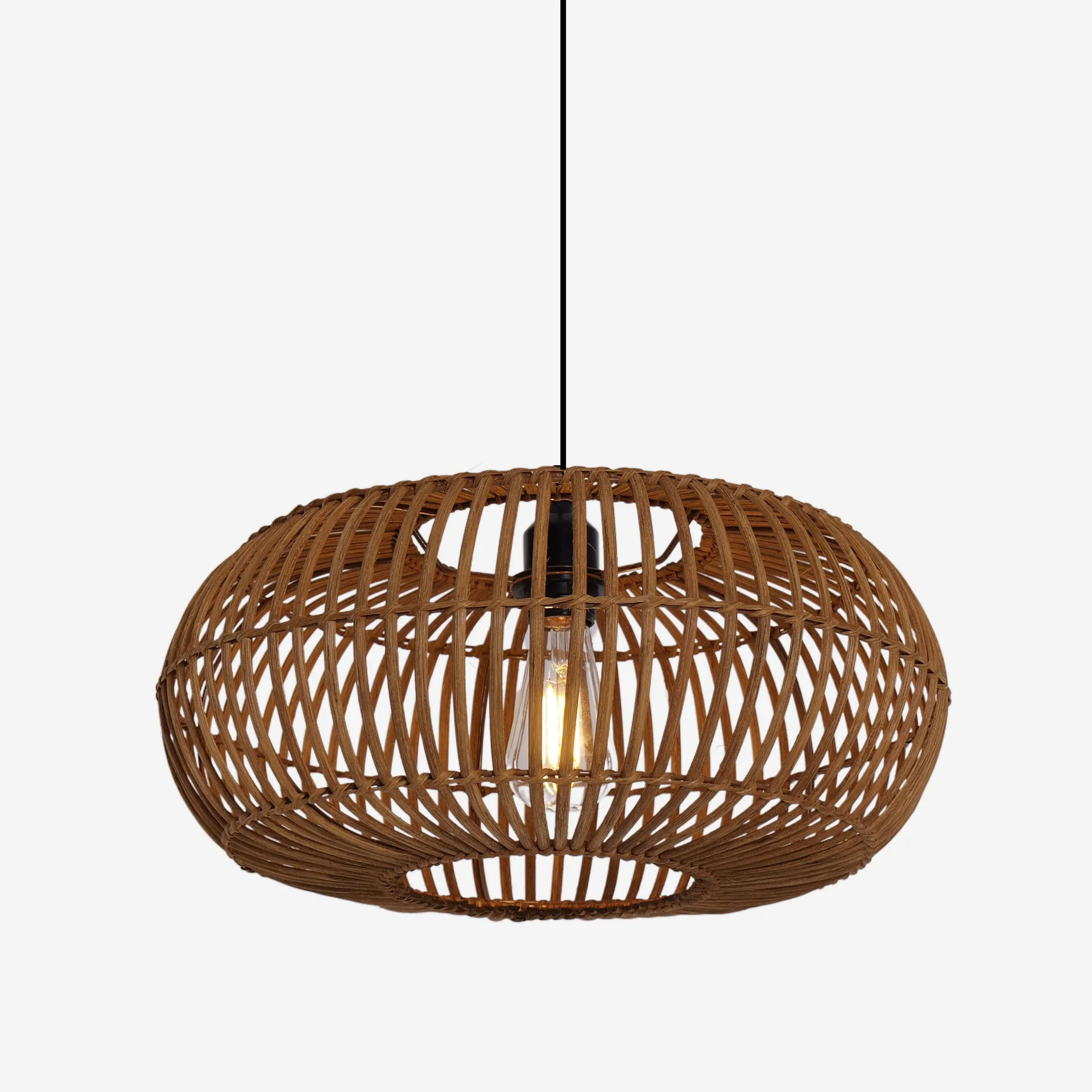 Boho Handwoven Bamboo round Pendant Light Oval Wicker Hanging Lamp