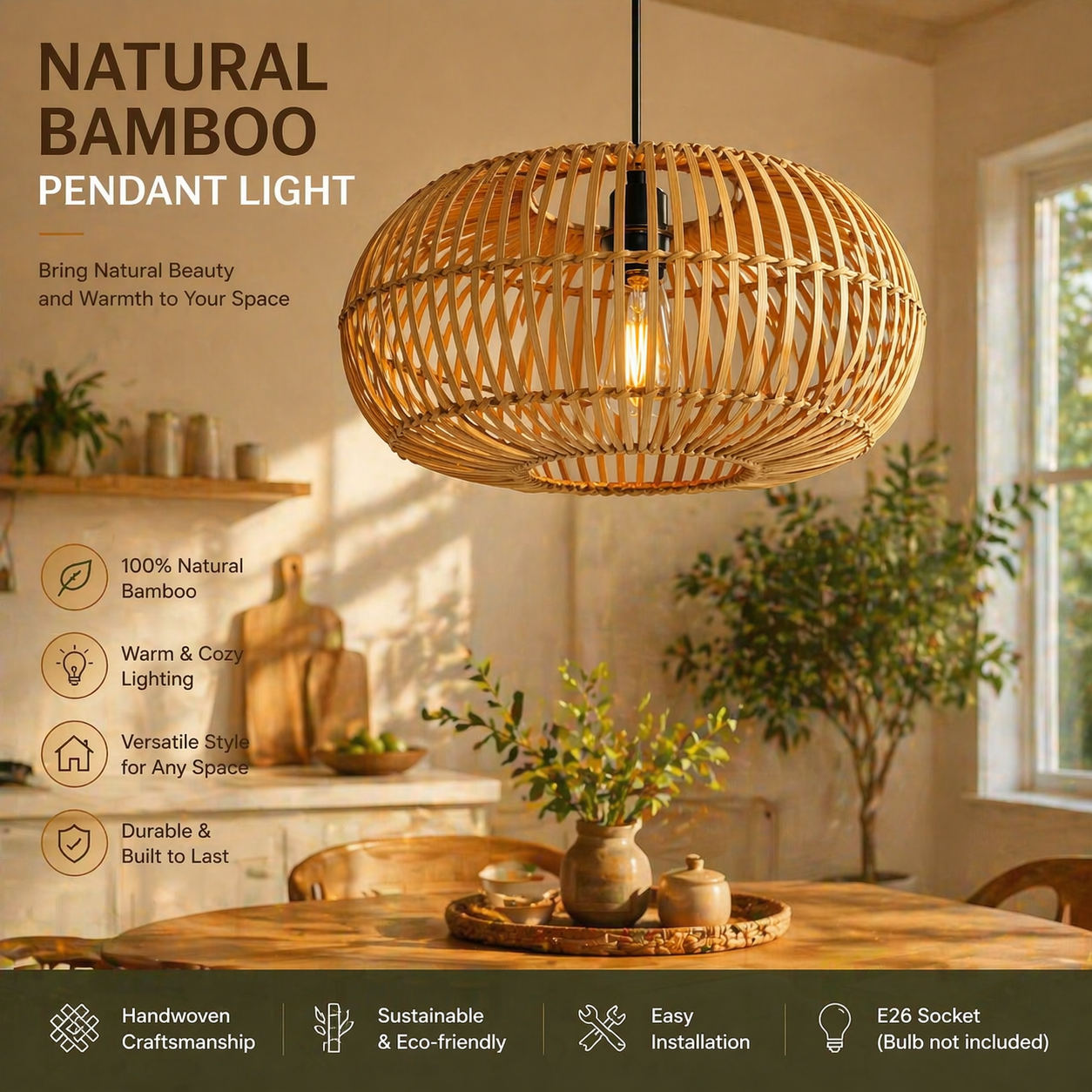 Boho Handwoven Bamboo round Pendant Light Oval Wicker Hanging Lamp