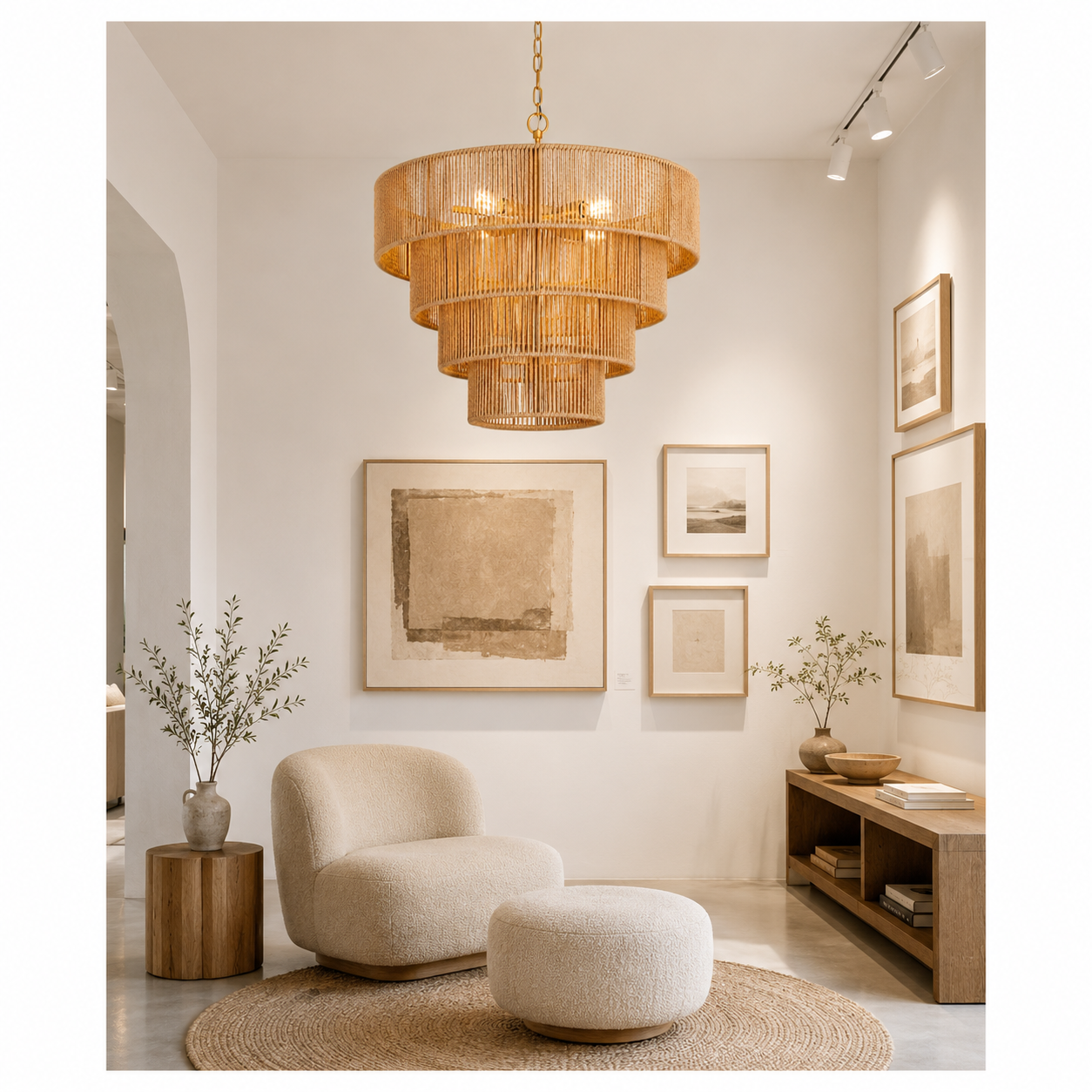 Modern Tiered Natural Rope Drum Chandelier Handmade Boho Pendant Light for Hospitality Projects