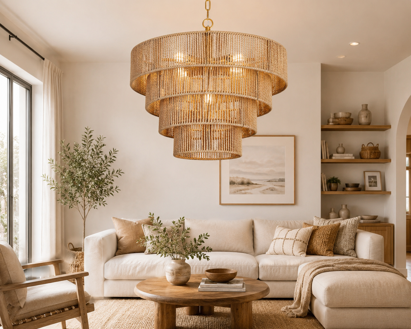 Modern Tiered Natural Rope Drum Chandelier Handmade Boho Pendant Light for Hospitality Projects