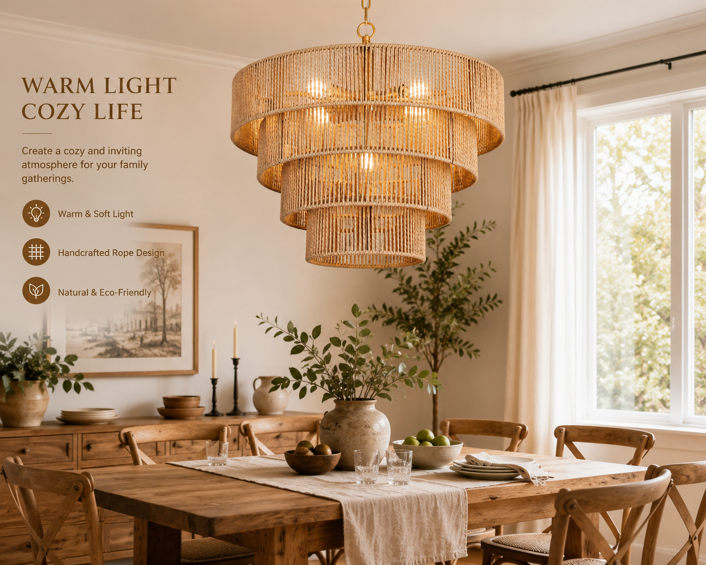 Modern Tiered Natural Rope Drum Chandelier Handmade Boho Pendant Light for Hospitality Projects