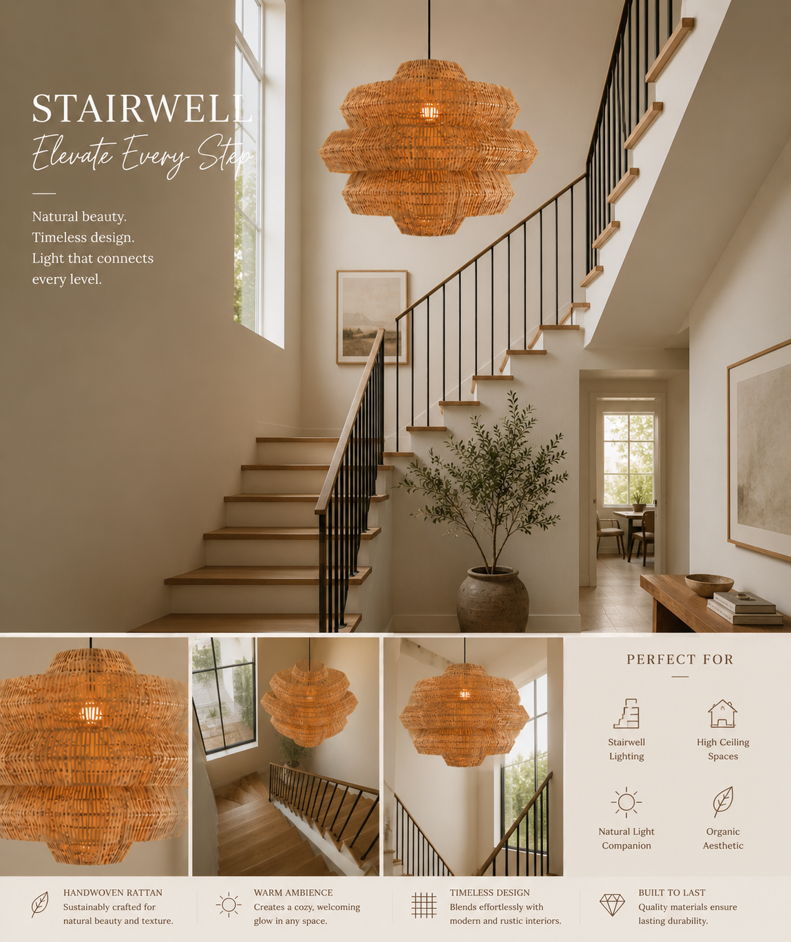 Modern Layered Rattan Pendant Lamp Handmade Wabi-Sabi Boho Ceiling Light 60CM
