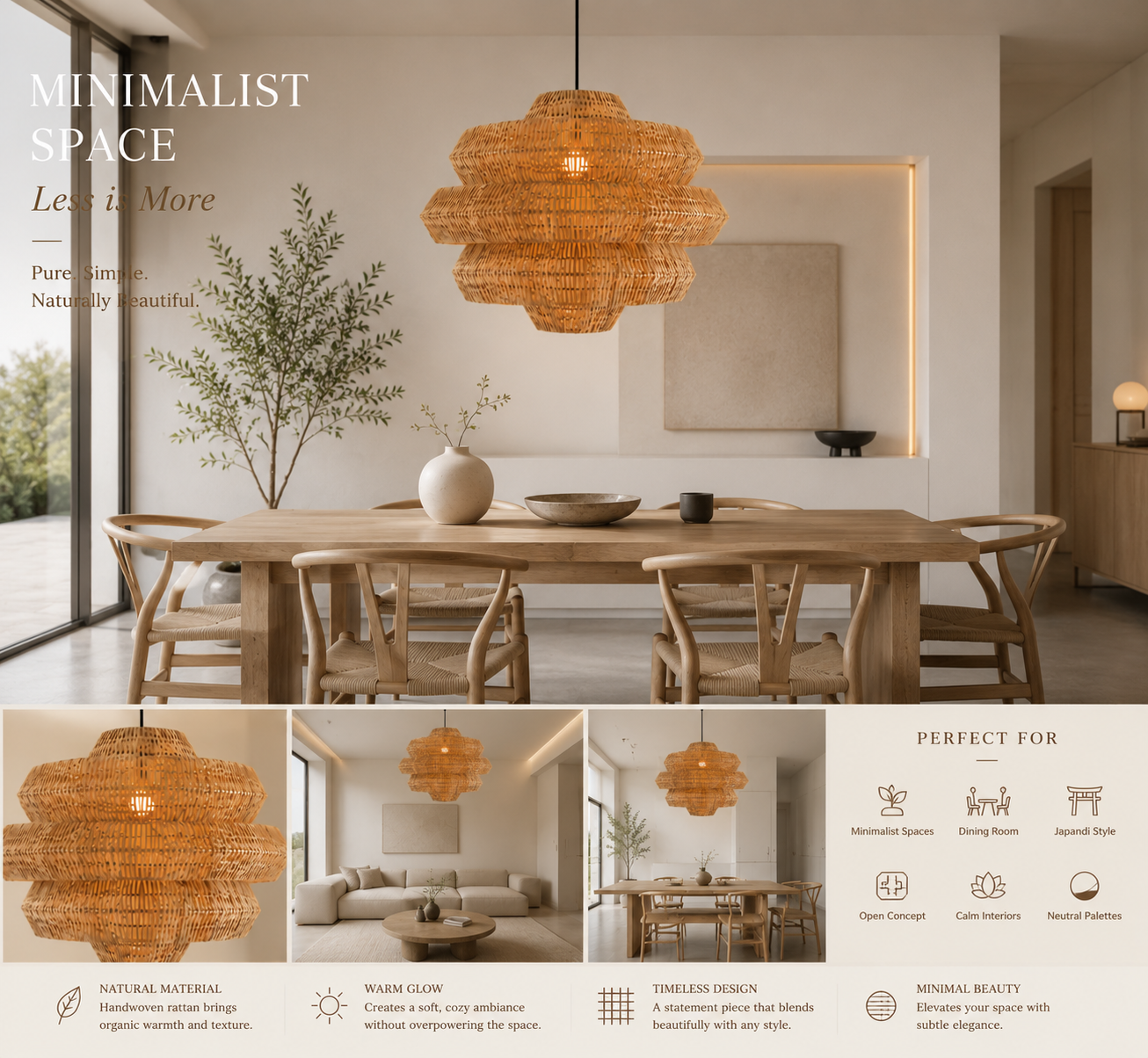 Modern Layered Rattan Pendant Lamp Handmade Wabi-Sabi Boho Ceiling Light 60CM