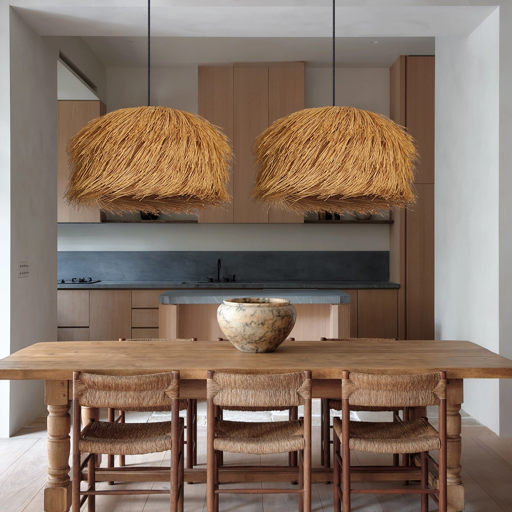 Handwoven Straw Dome Pendant Light – Rustic Boho Rattan Hanging Lamp for Hospitality & Interior Projects