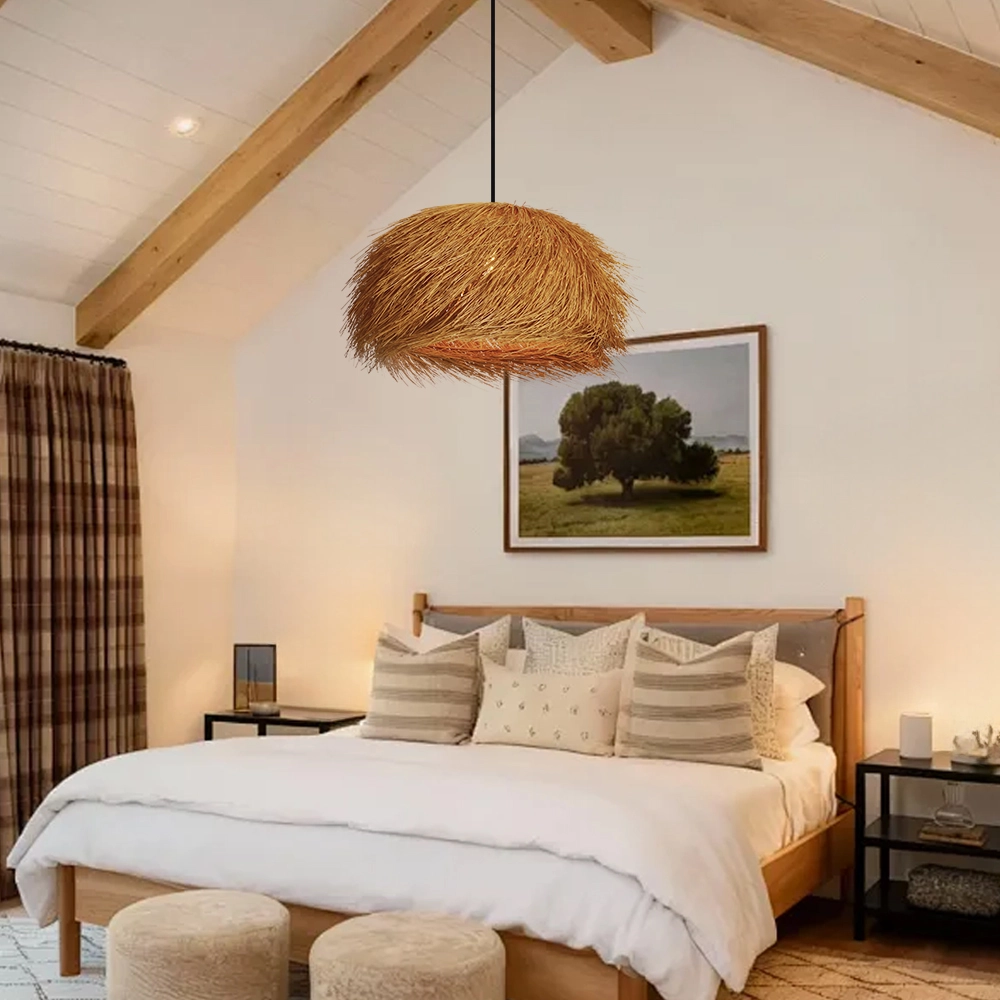 Handwoven Straw Dome Pendant Light – Rustic Boho Rattan Hanging Lamp for Hospitality & Interior Projects