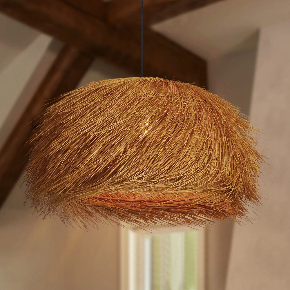 Handwoven Straw Dome Pendant Light – Rustic Boho Rattan Hanging Lamp for Hospitality & Interior Projects