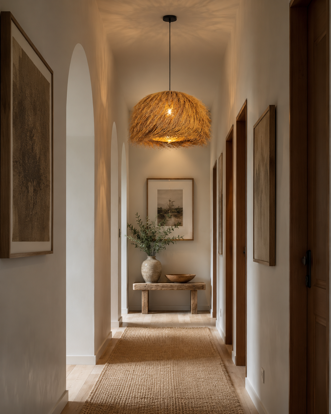 Handwoven Straw Dome Pendant Light – Rustic Boho Rattan Hanging Lamp for Hospitality & Interior Projects